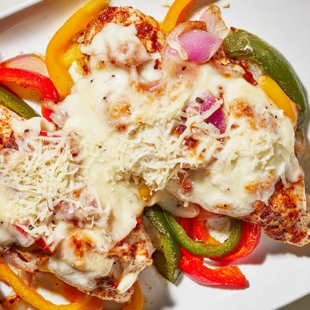 Sizzling bubbling cheese topping juicy seasoned chicken nestled between roasted red yellow and green peppers