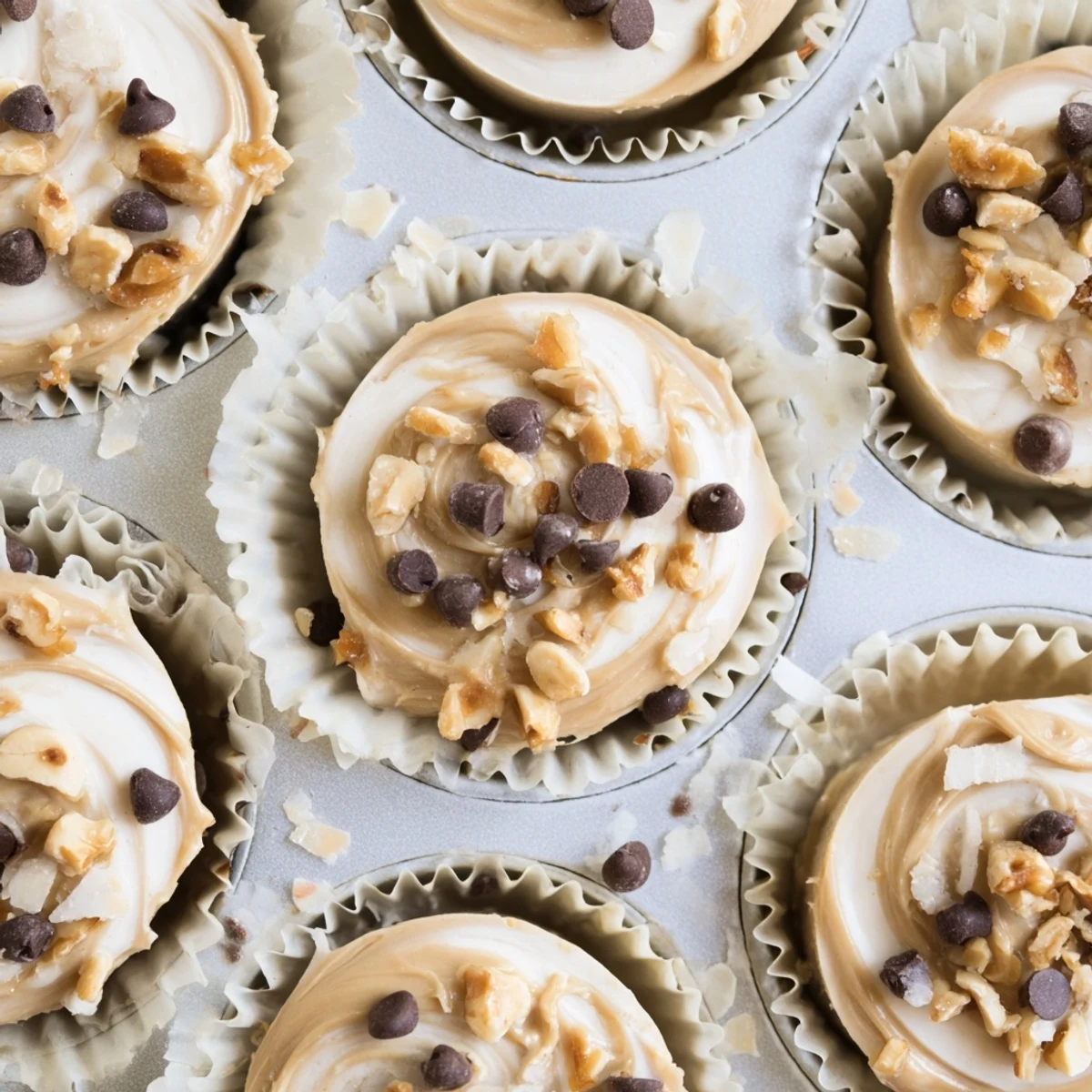 Golden high protein frozen peanut butter Greek yogurt bites topped with mini chocolate chips in a muffin tin