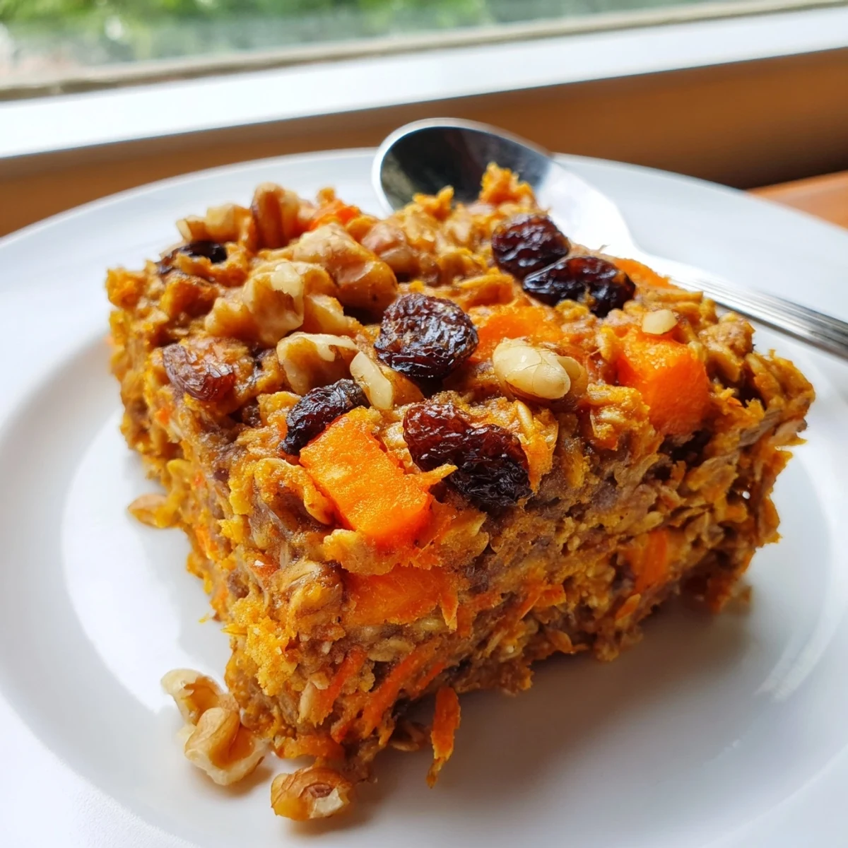 Golden carrot cake baked oatmeal topped with walnuts and raisins in a white ceramic baking dish