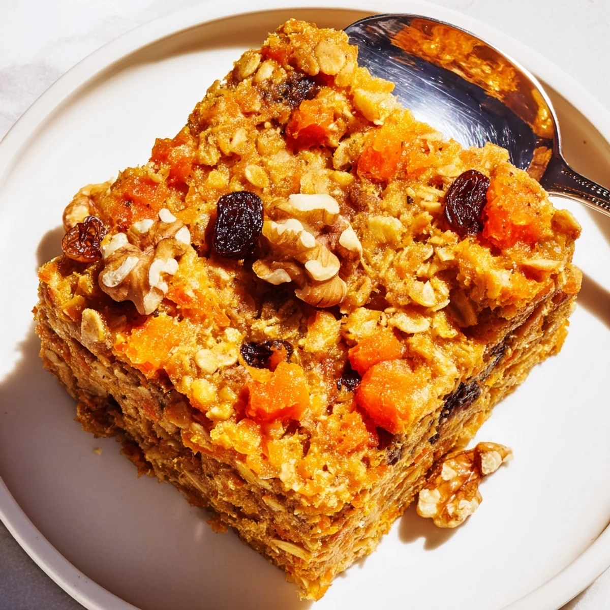 Warm slice of spiced carrot cake baked oatmeal served with Greek yogurt and extra shredded coconut