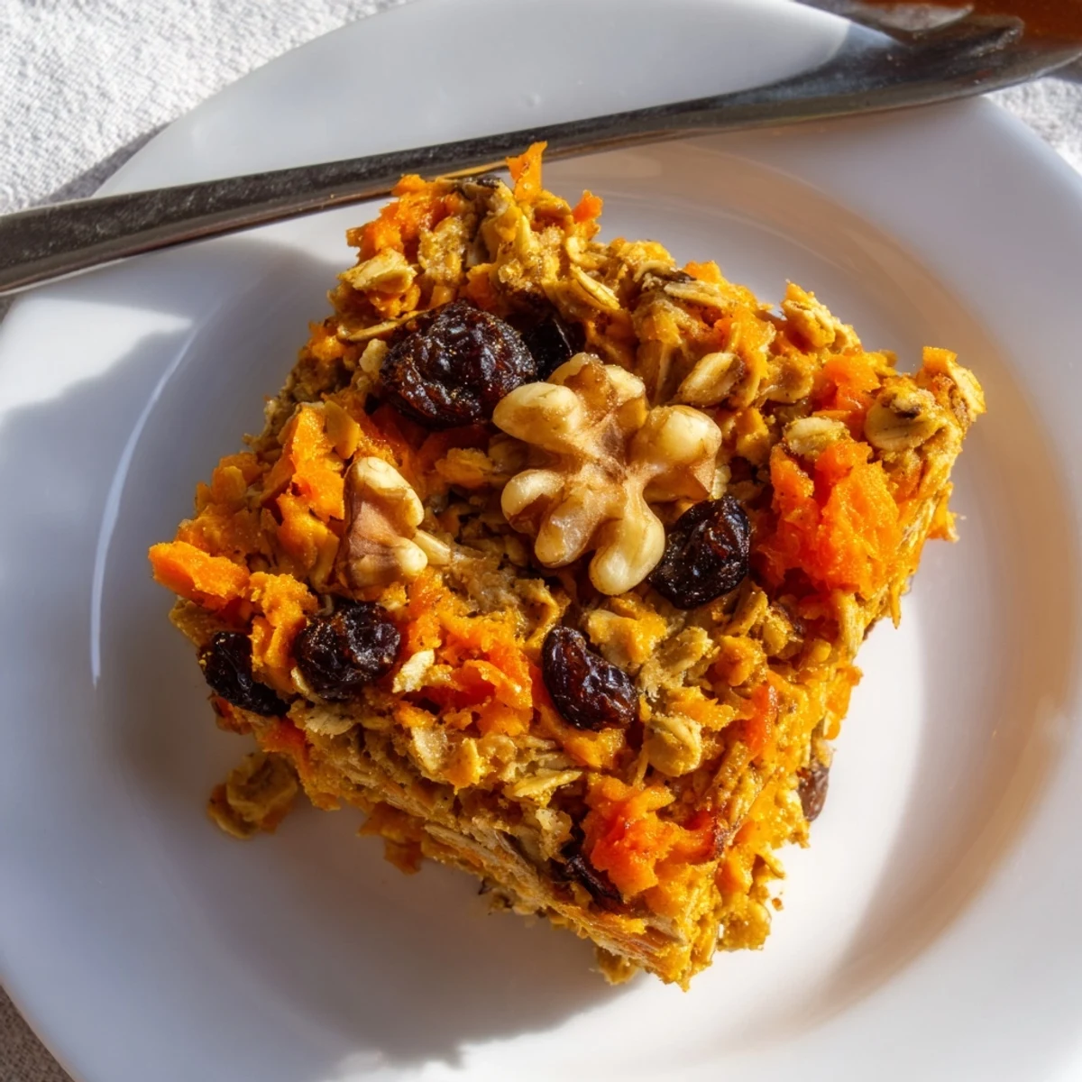 Fluffy baked oatmeal with grated carrot and warm cinnamon spices ready for a cozy breakfast