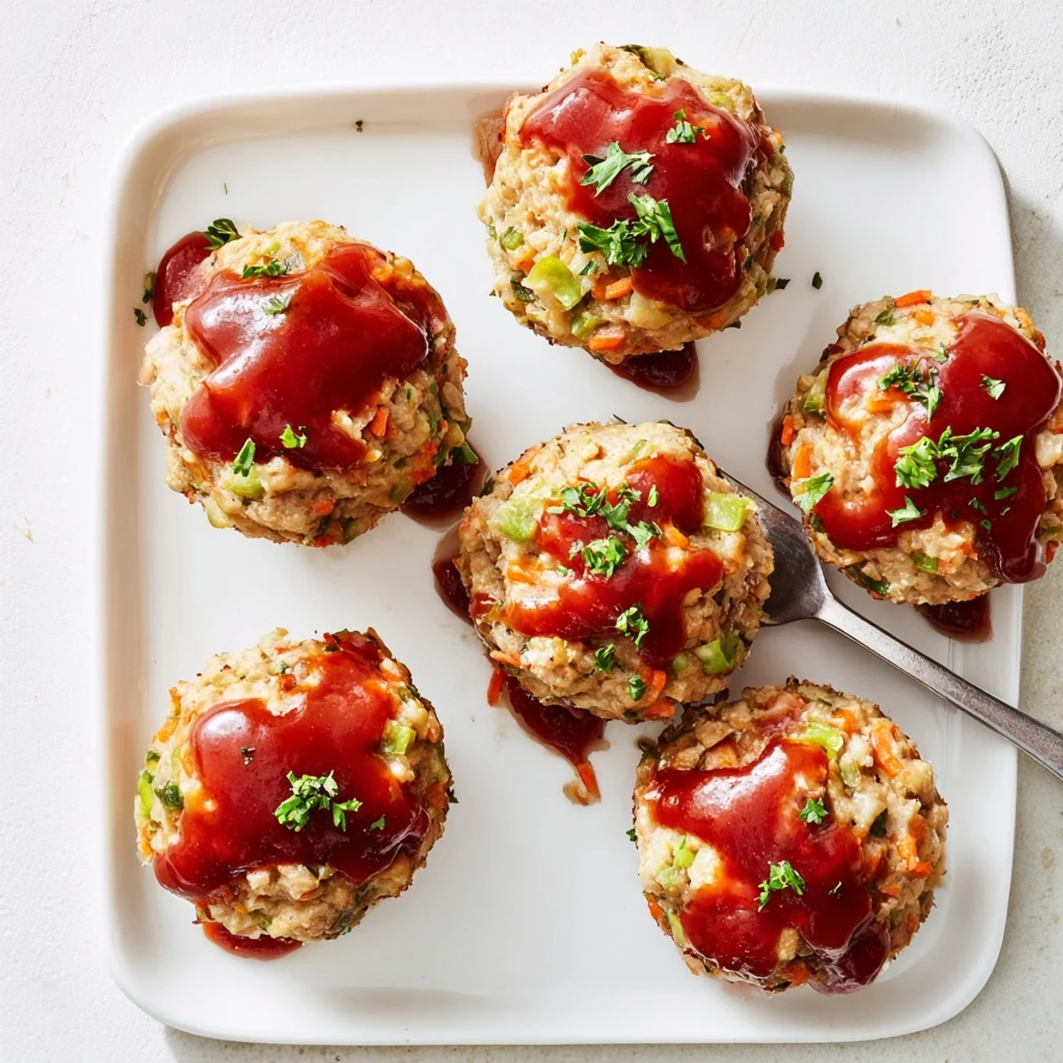 Savory individual turkey meatloaf muffins topped with sweet brown sugar glaze on white plate