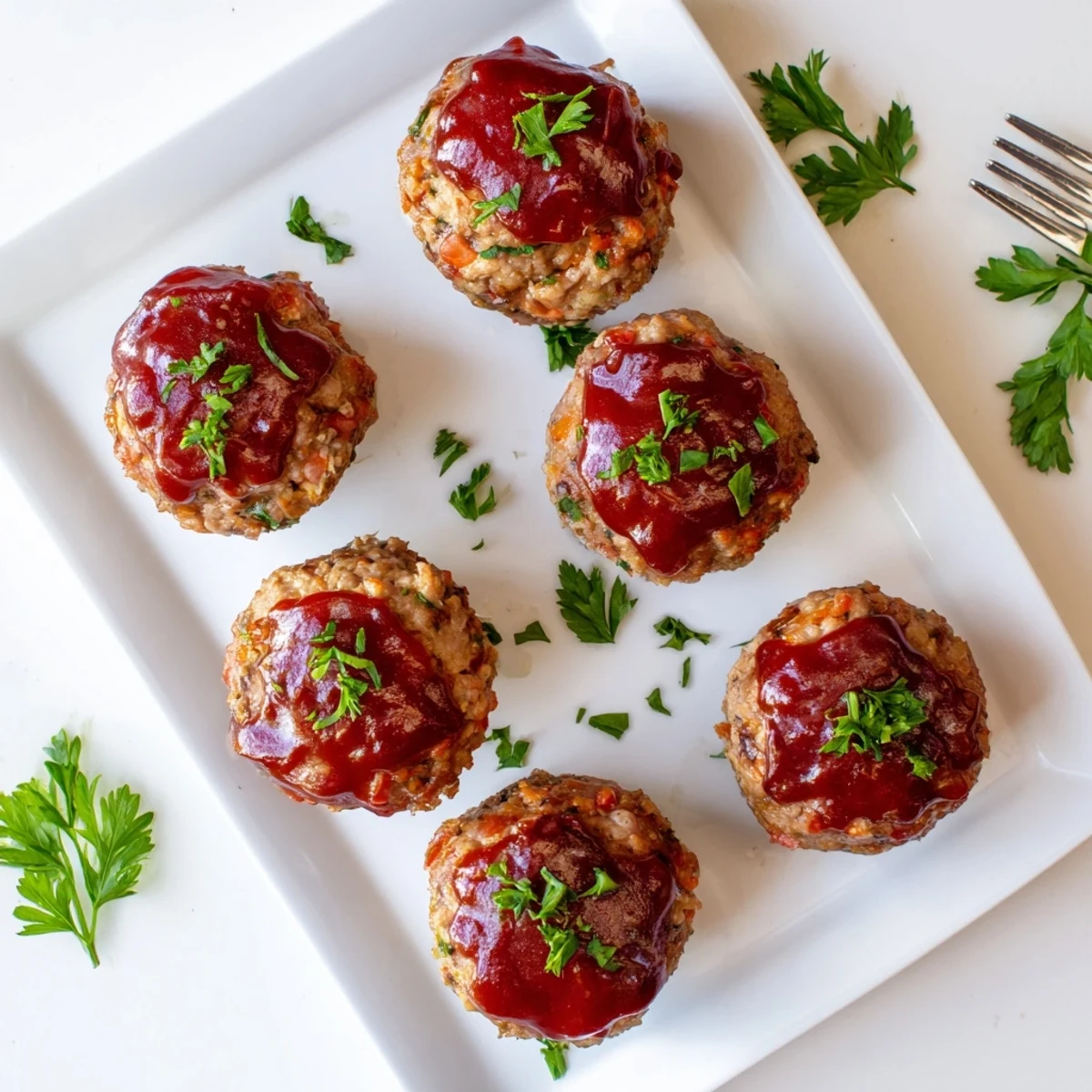 Golden glazed turkey meatloaf muffins fresh from the oven with caramelized ketchup topping