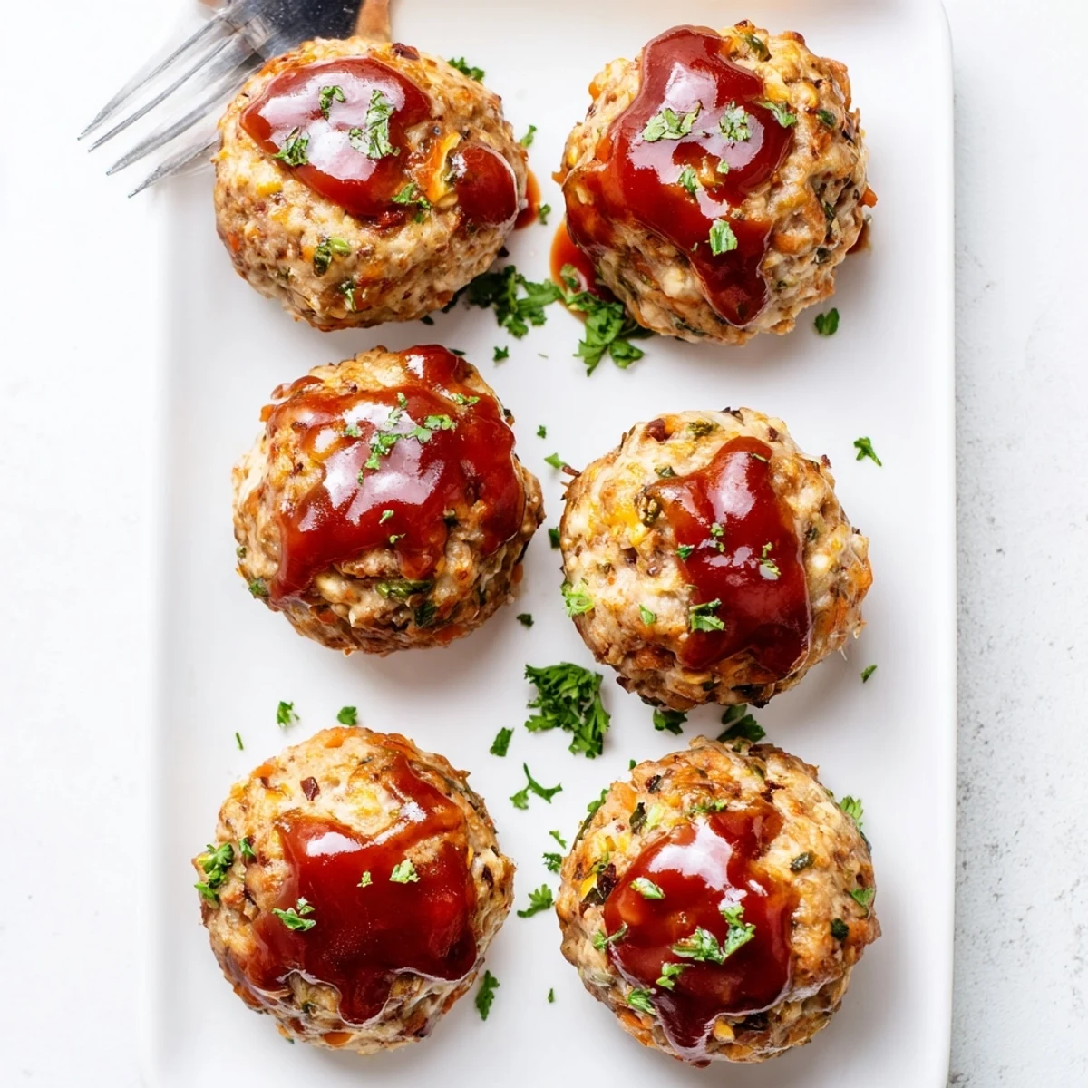 Portion-controlled turkey meatloaf muffins with glossy red glaze served alongside mashed potatoes