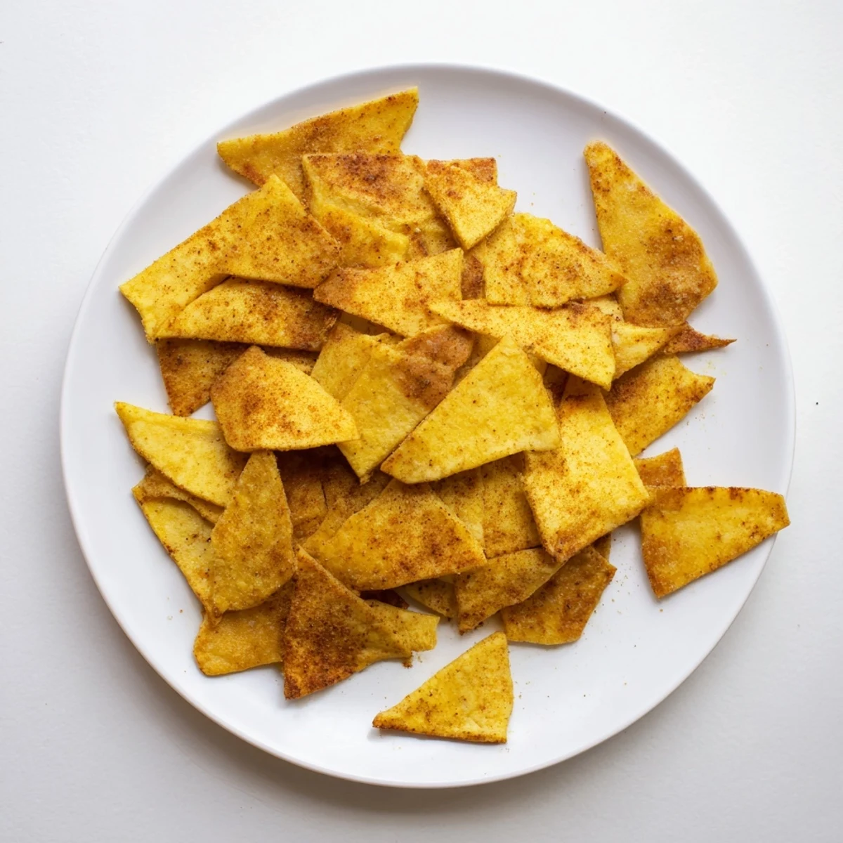 Crispy gluten-free chickpea chips scattered on wooden board, ready for dipping into hummus.