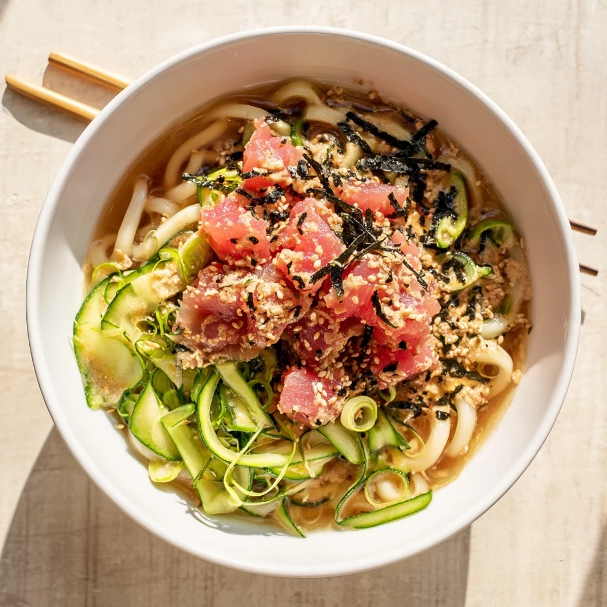 Spicy tuna udon bowl featuring thick noodles in savory broth topped with marinated fish and fresh green onions