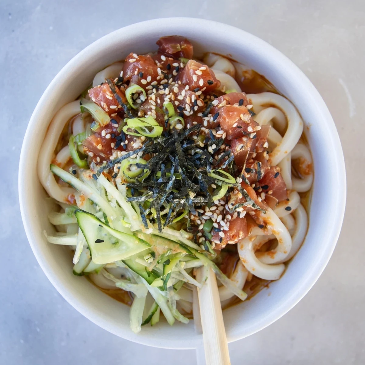 Close-up of spicy tuna udon with tender marinated tuna over chewy udon noodles garnished with sliced scallions