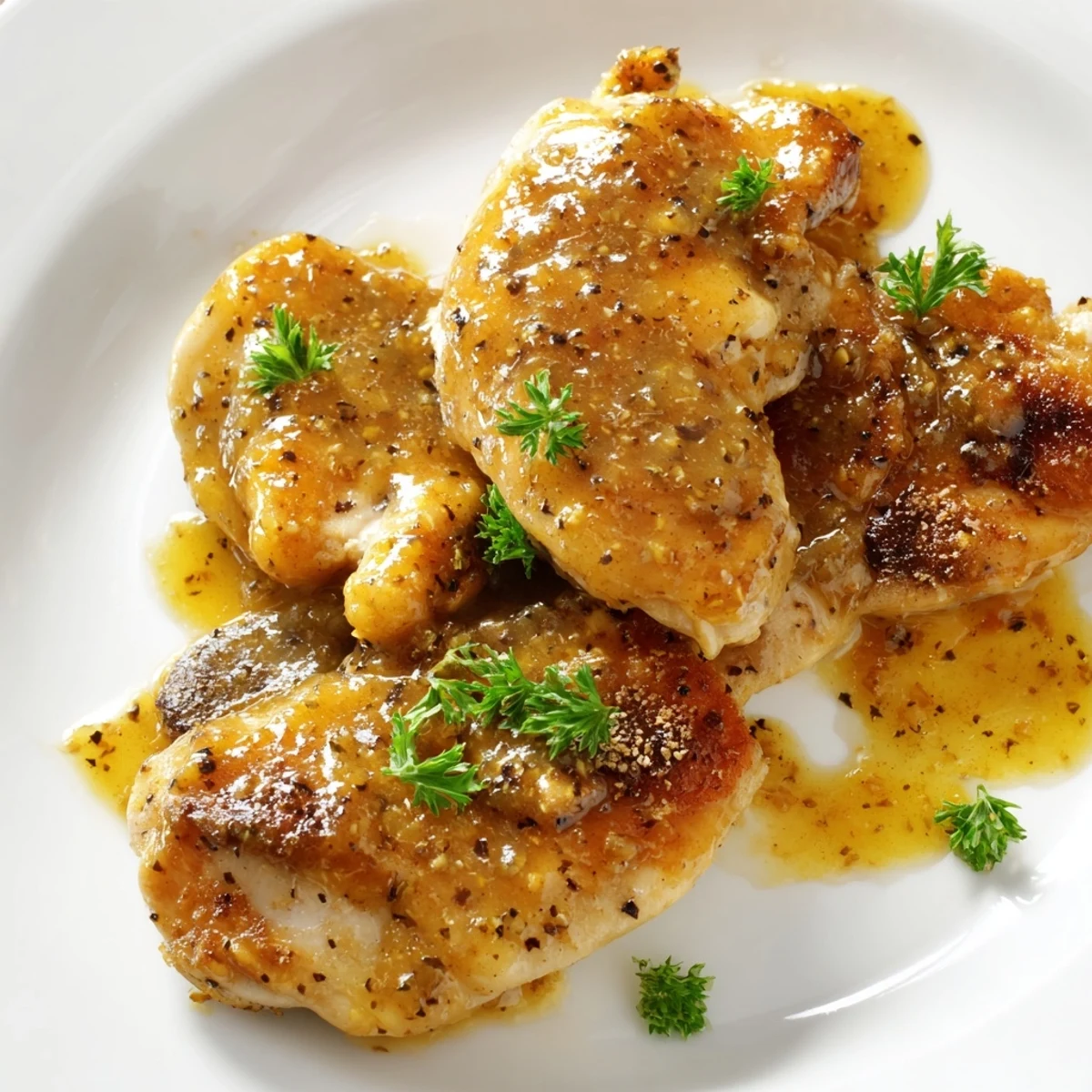Golden oven baked honey mustard chicken breasts glazed with sticky sweet honey sauce on a white ceramic baking dish