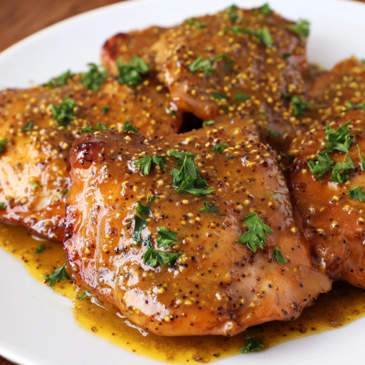 Close-up of tender oven baked honey mustard chicken showing caramelized edges and brushed with creamy honey mustard coating