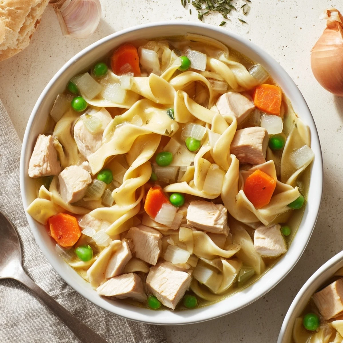 Hearty one pot chicken and noodles simmering in a Dutch oven with colorful carrots, celery, and peas