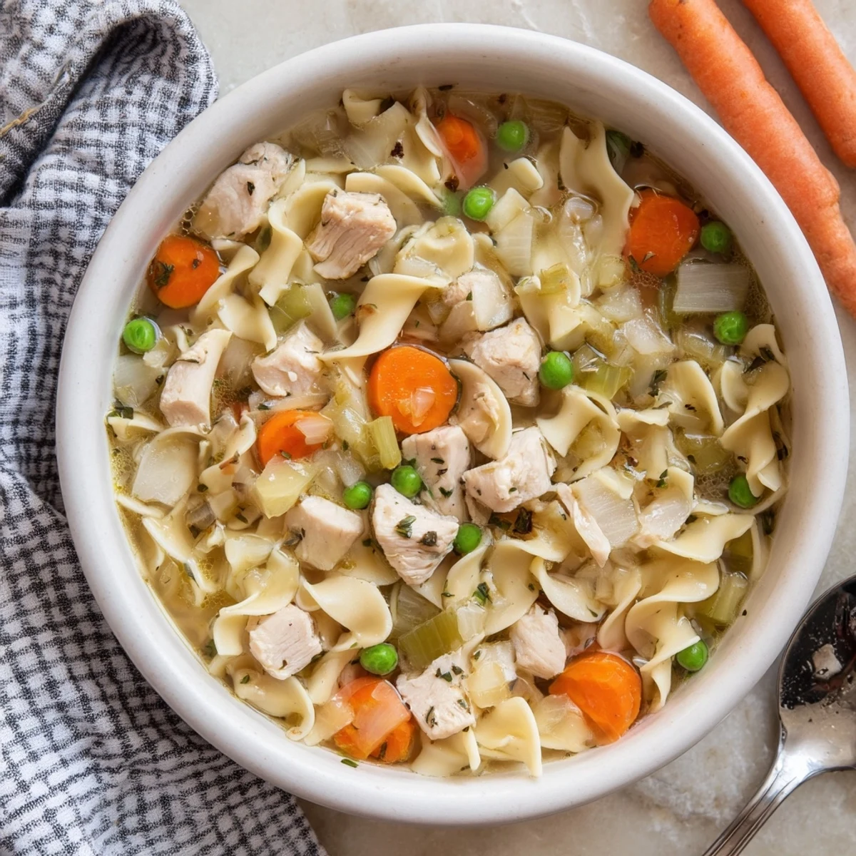 Comforting one pot chicken and noodles dish served hot in a bowl with fresh parsley garnish