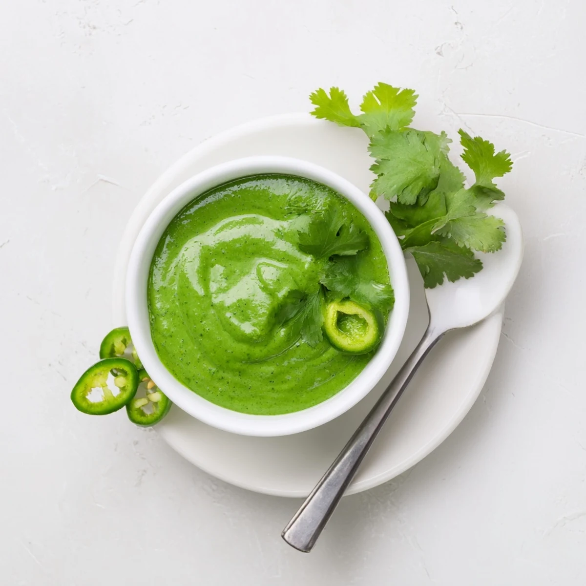 Creamy Peruvian green sauce aji verde served in a small white dipping bowl