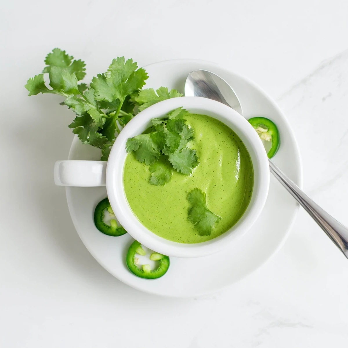 Spicy Peruvian green sauce aji verde drizzled over grilled chicken and roasted vegetables