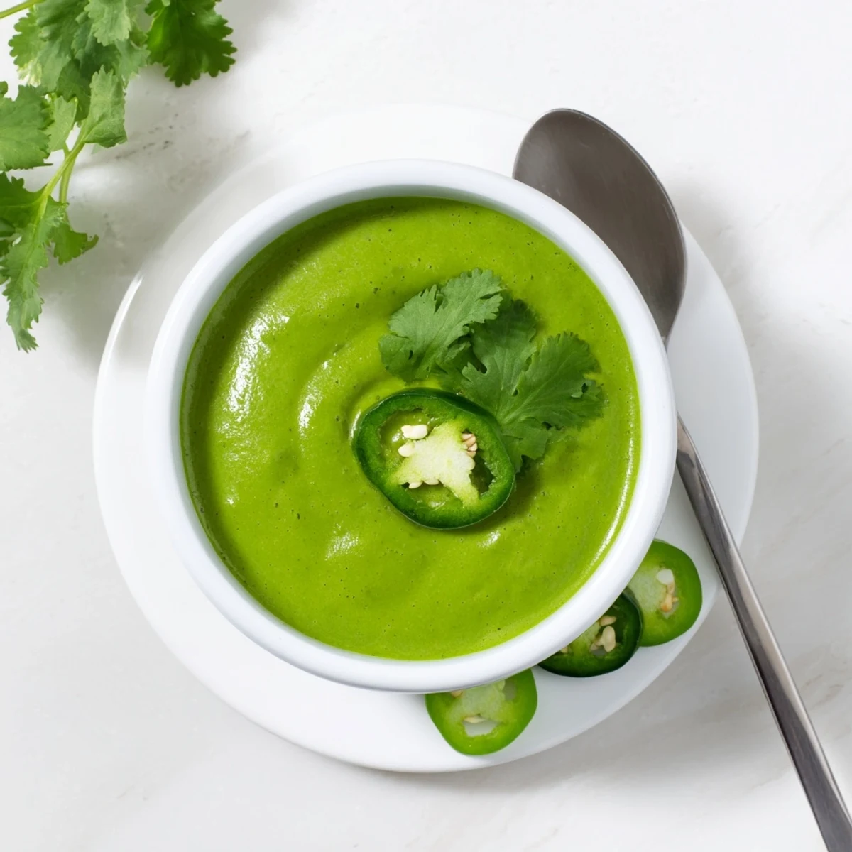 Vibrant green aji verde sauce spooned onto a rustic wooden serving board