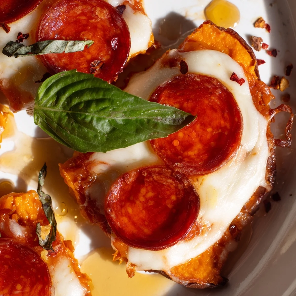 Golden pepperoni hot honey pizza with sweet potato crust drizzled with spicy honey