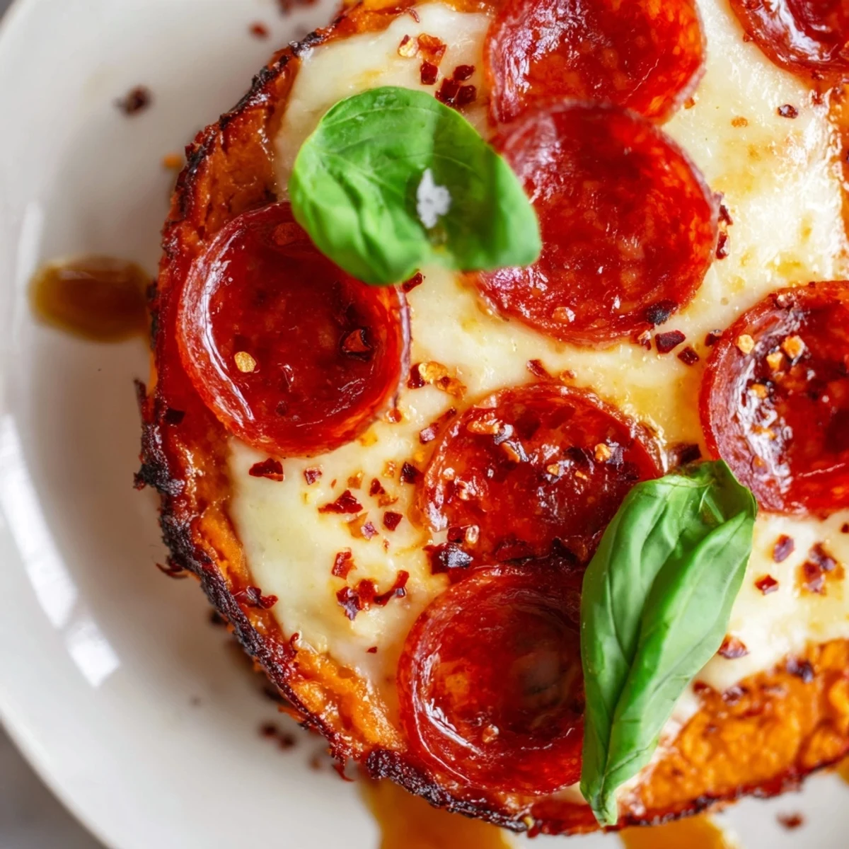 Gluten-free sweet potato crust pizza topped with bubbling mozzarella pepperoni and hot honey