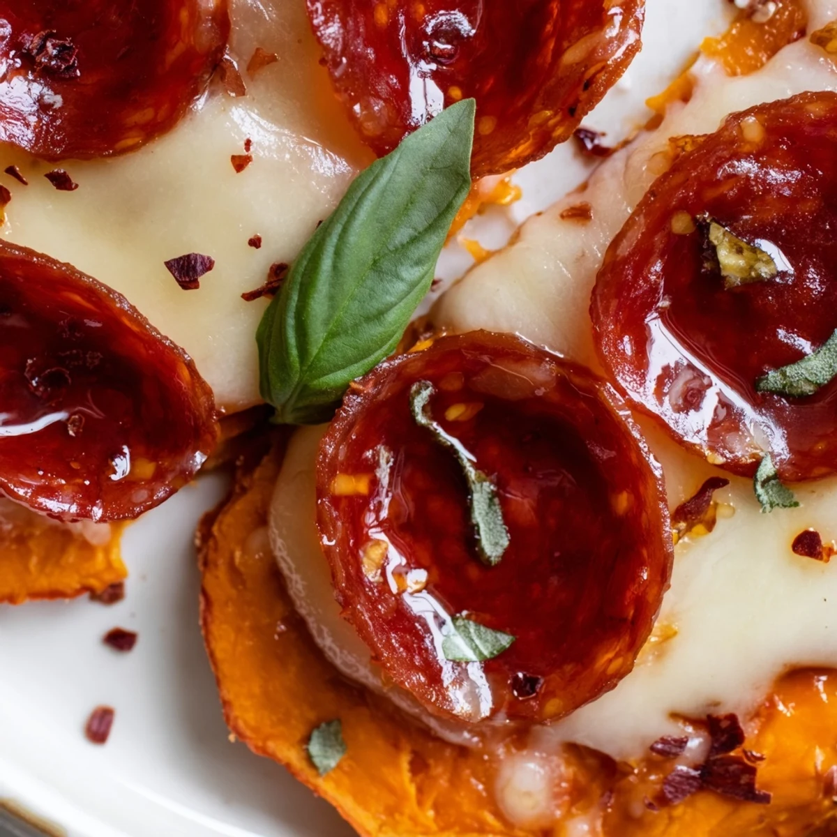 Crispy pepperoni pizza featuring sweet potato crust finished with sweet spicy hot honey glaze