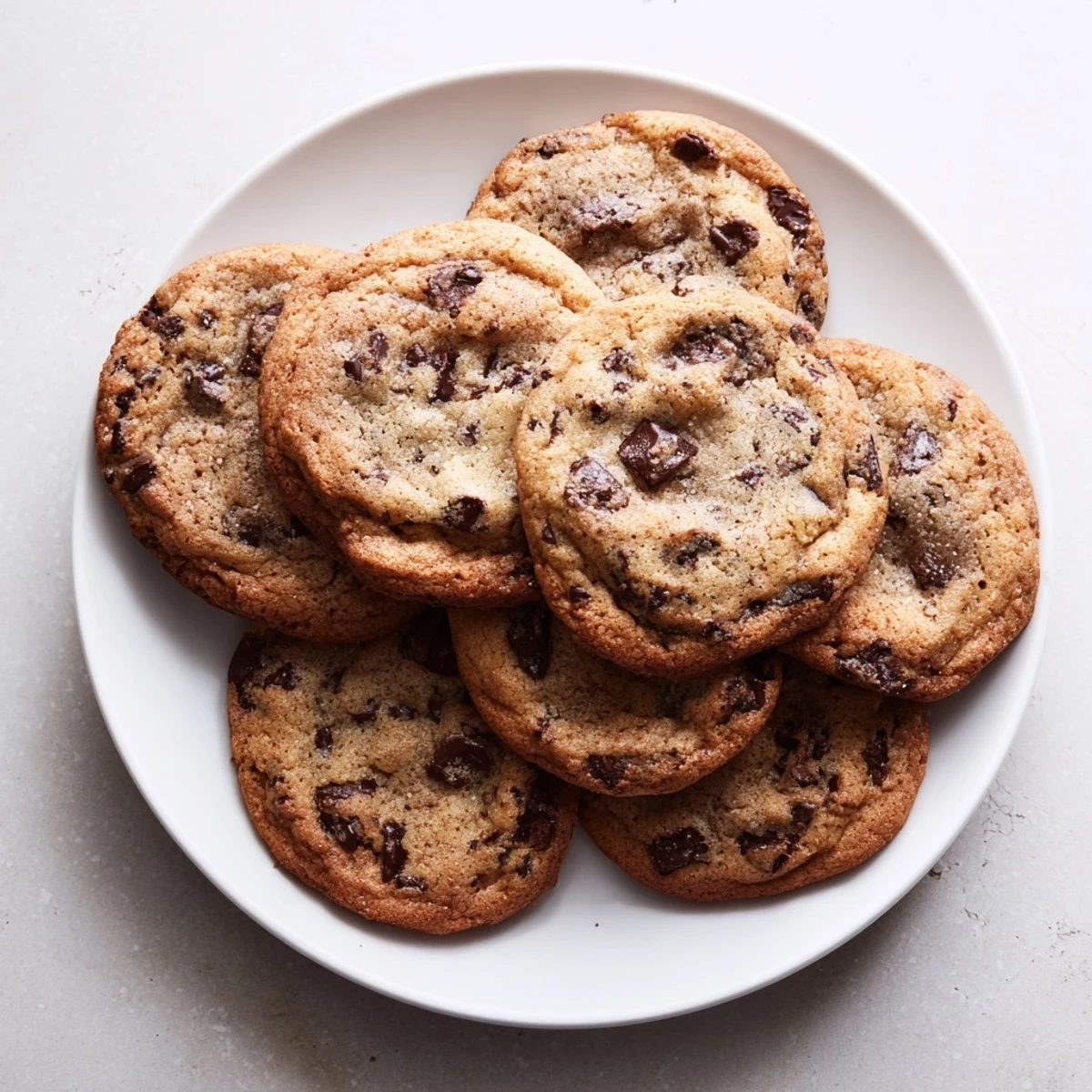 Freshly baked chewy chocolate chip cookies with golden edges and melting chocolate chunks on a wire cooling rack