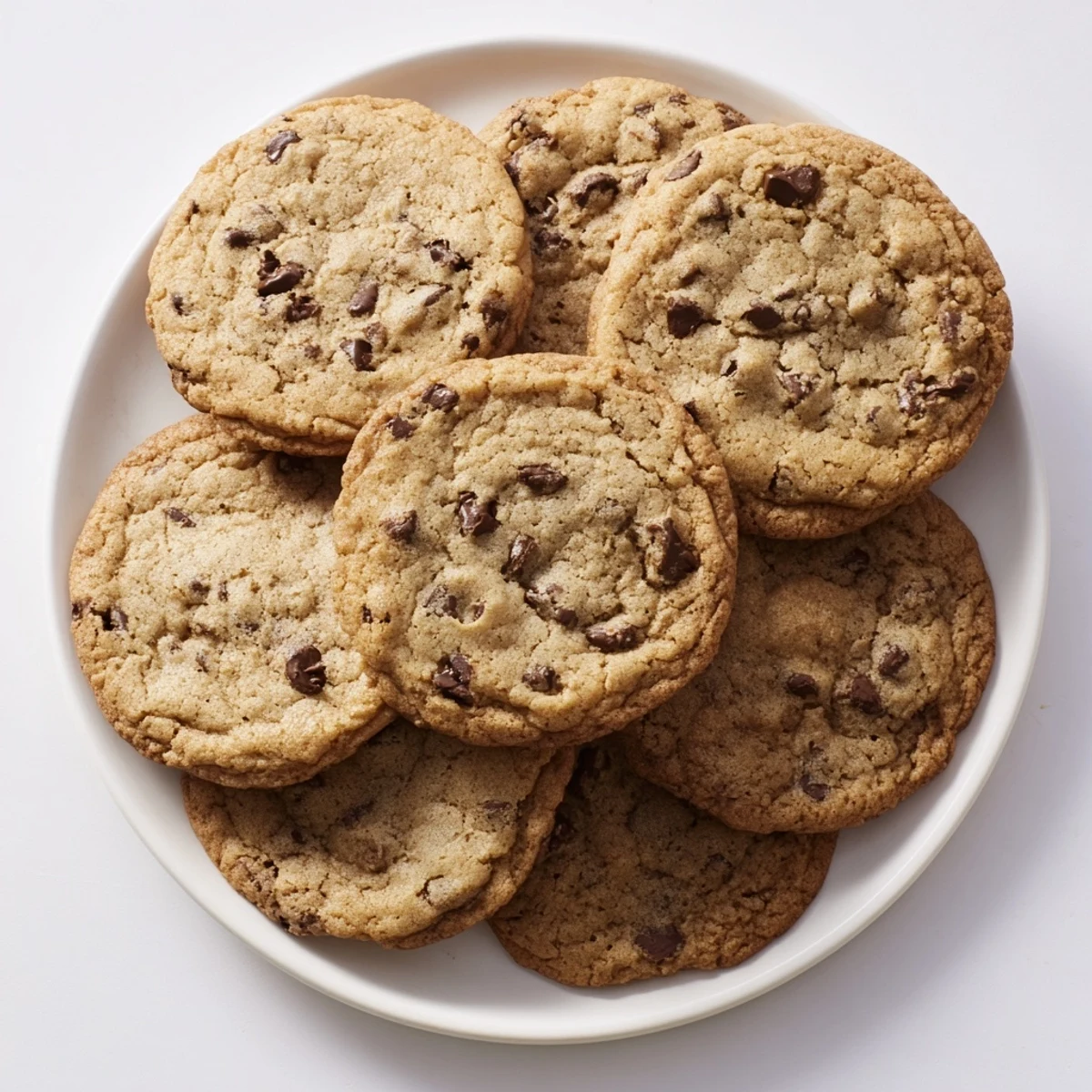 Warm homemade chewy chocolate chip cookies stacked on a wooden cutting board with a glass of cold milk