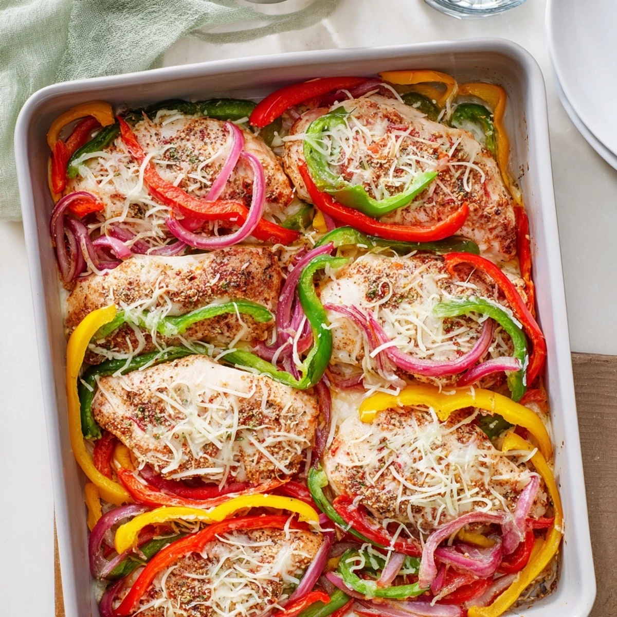 Golden brown cheesy baked chicken breast and peppers fresh from the oven