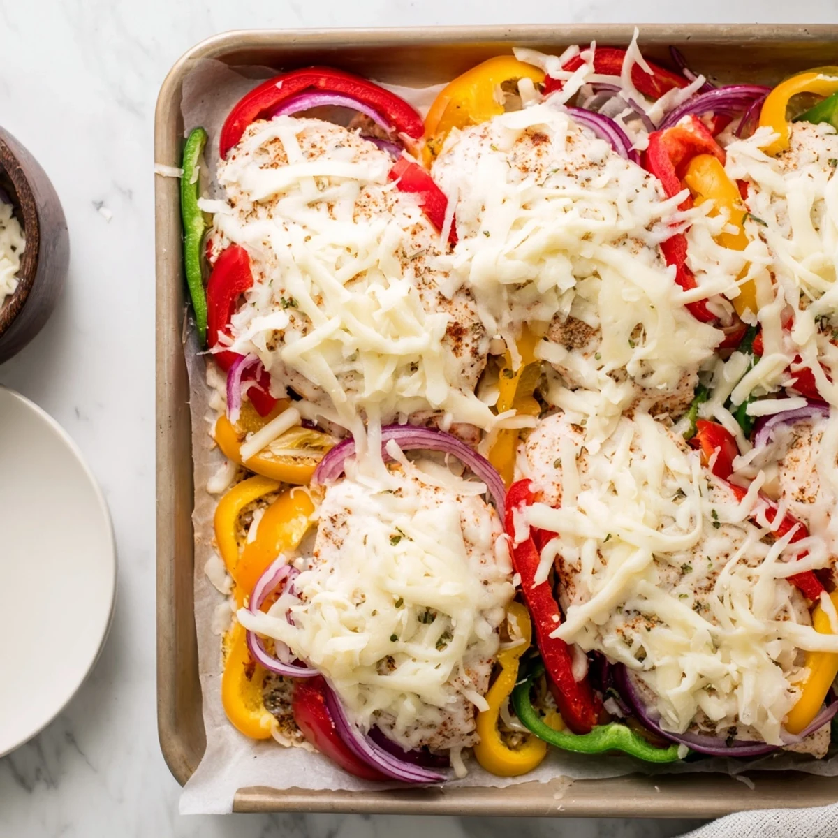 Colorful cheesy baked chicken breast with bell peppers on a white platter