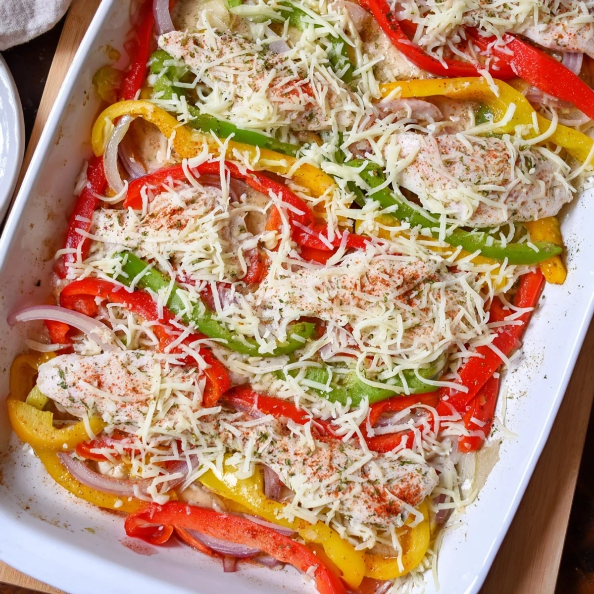 Melty cheese covers this cheesy baked chicken breast served with roasted vegetables