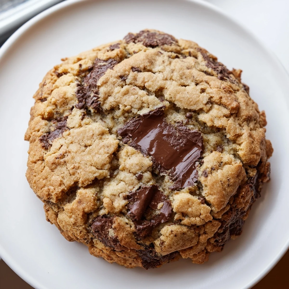 Golden brown chewy chocolate chip cookies fresh from the oven with melted chocolate pools