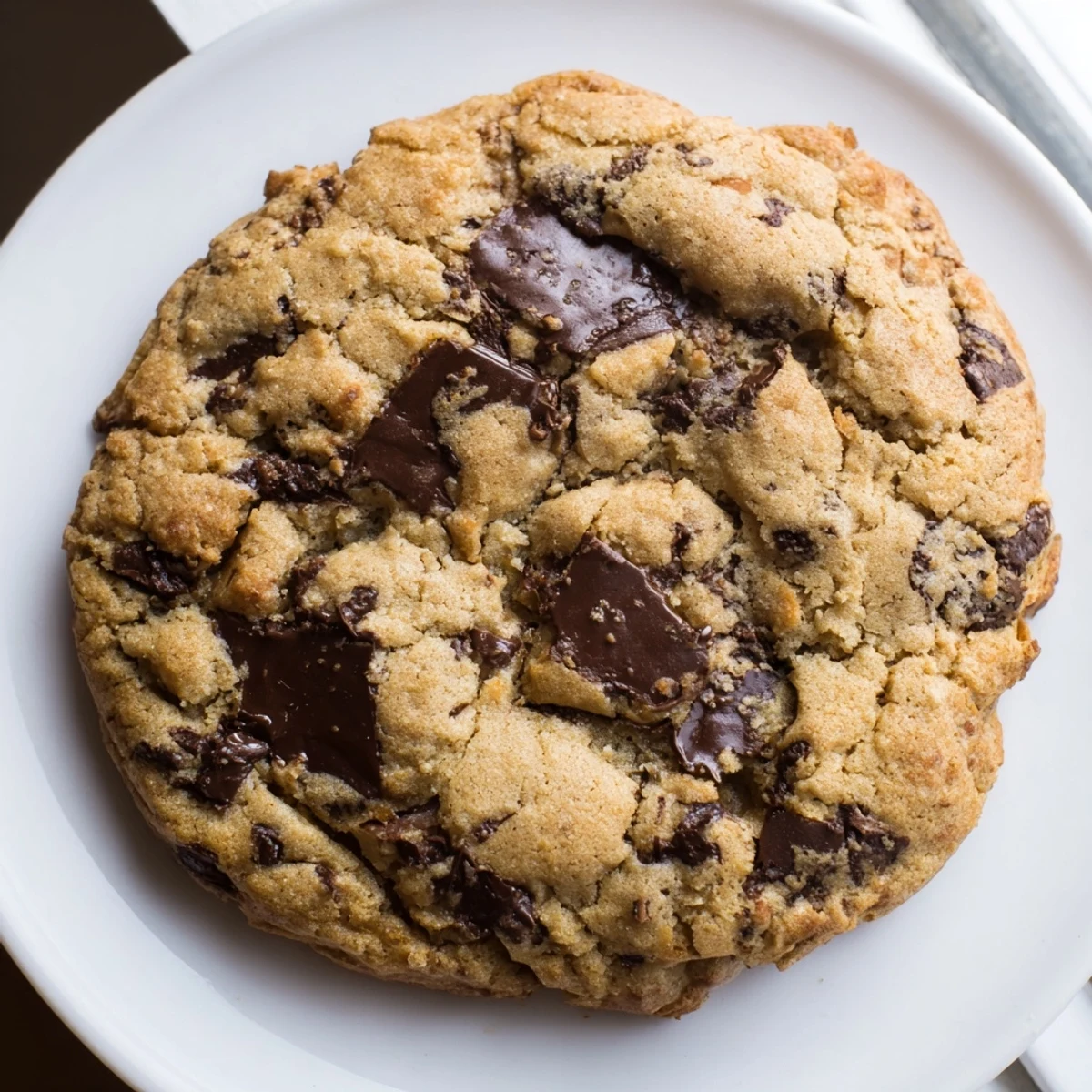 Homemade chewy chocolate chip cookies with crisp edges and gooey centers on white plate