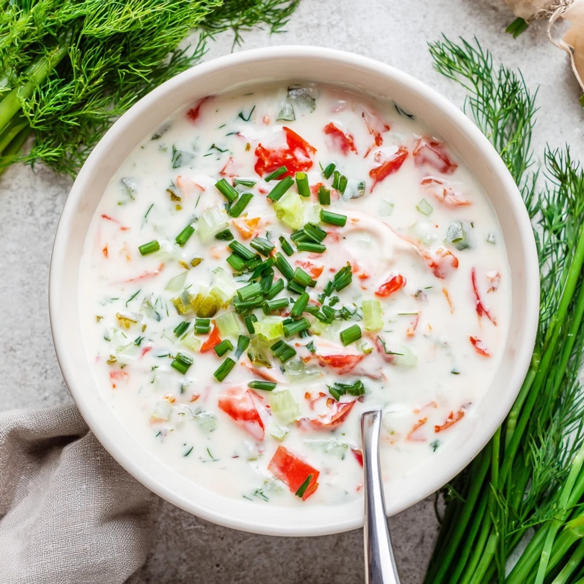 Creamy Grillos Pickle De Gallo Ranch Dip served in a white bowl with colorful vegetable sticks and tortilla chips for dipping at a party spread