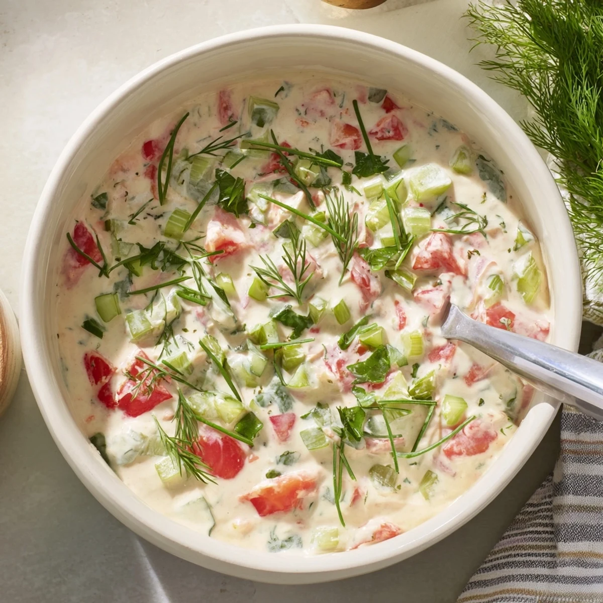 Thick white Grillos Pickle De Gallo Ranch Dip topped with fresh herbs and crunchy pickle pieces, perfect for scooping with crispy chips