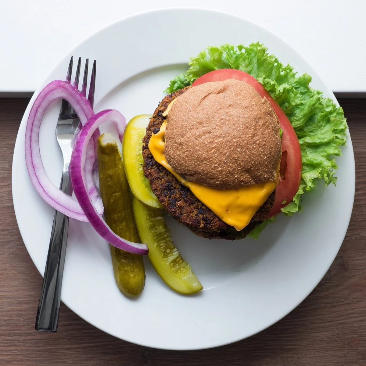 Golden homemade veggie burgers stacked on toasted buns with fresh lettuce and ripe tomato slices