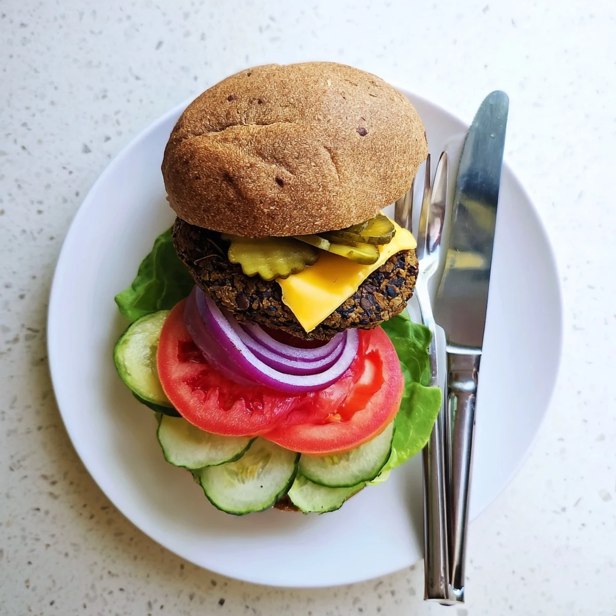 Flavorful vegetarian veggie burgers plated on whole wheat buns with crisp pickles and creamy sauce