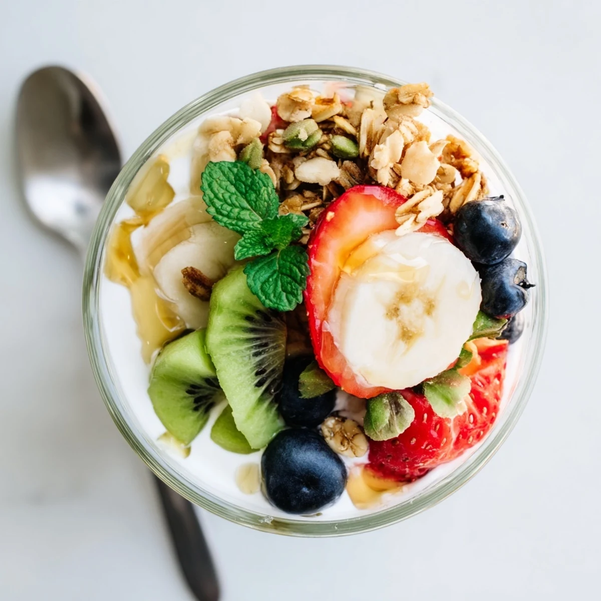 Layered yogurt parfait recipe with honey and fresh colorful fruits in clear glass