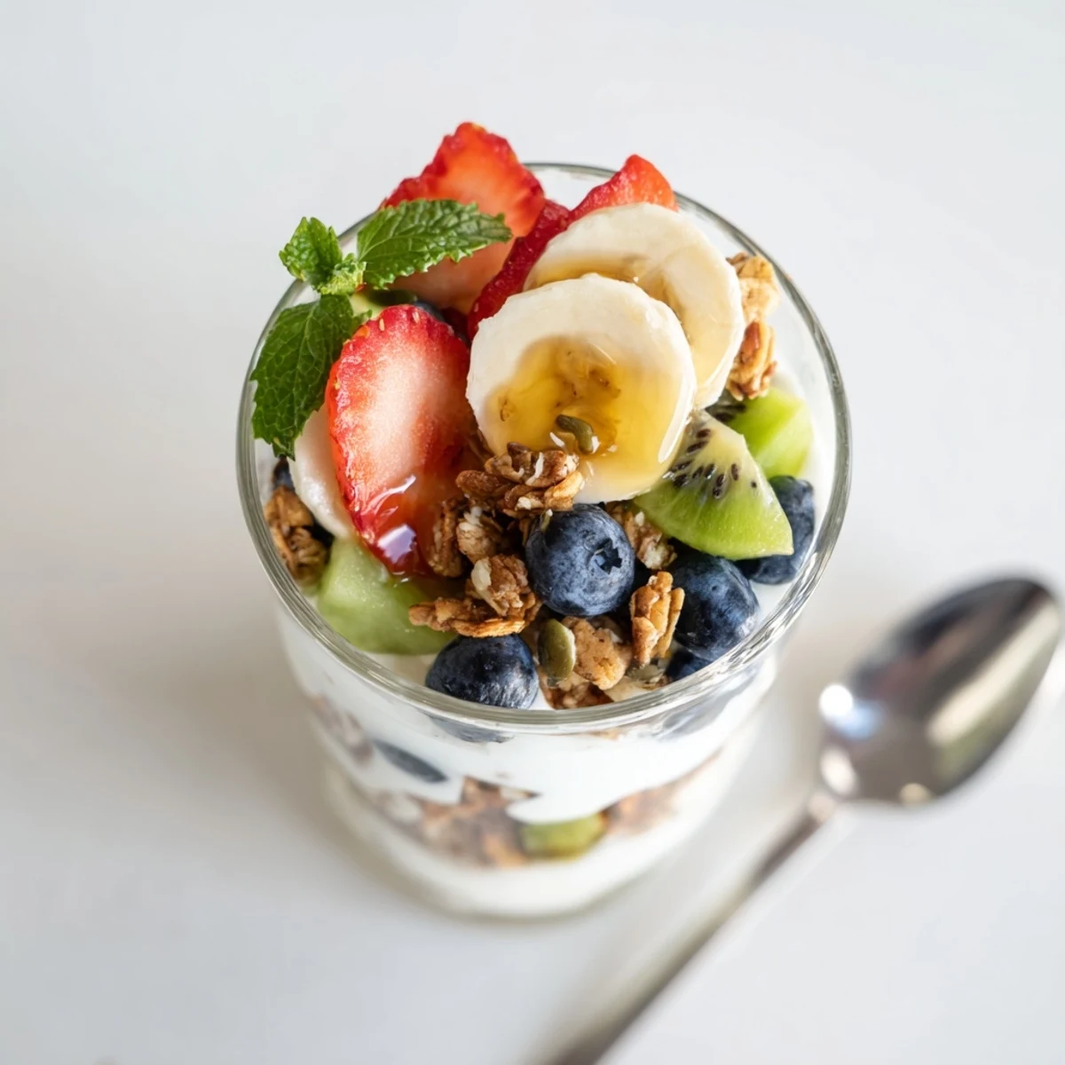 Healthy yogurt parfait recipe featuring honey drizzled over strawberries, blueberries, and kiwi slices