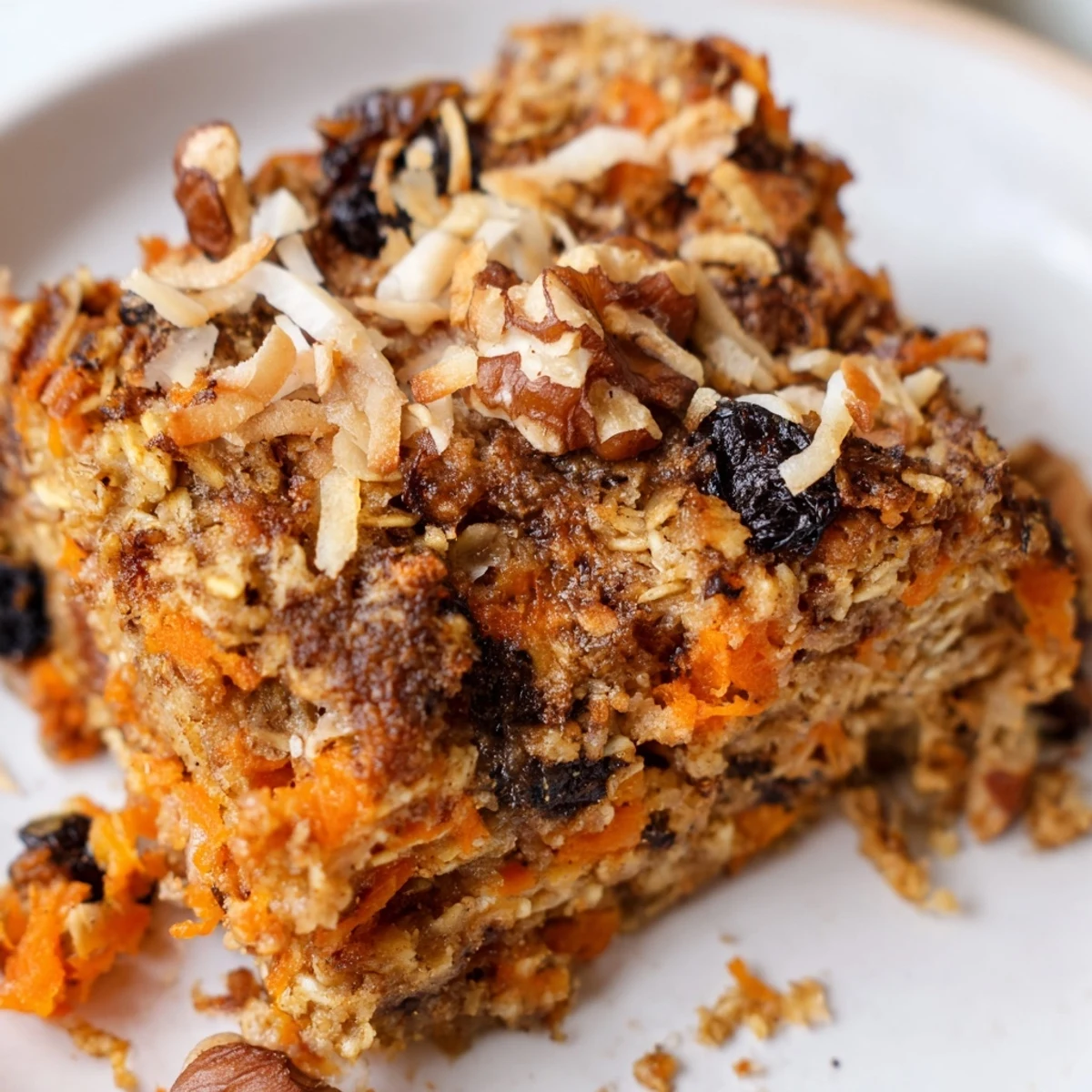 Golden baked carrot cake oatmeal sprinkled with chopped walnuts and raisins in a square dish