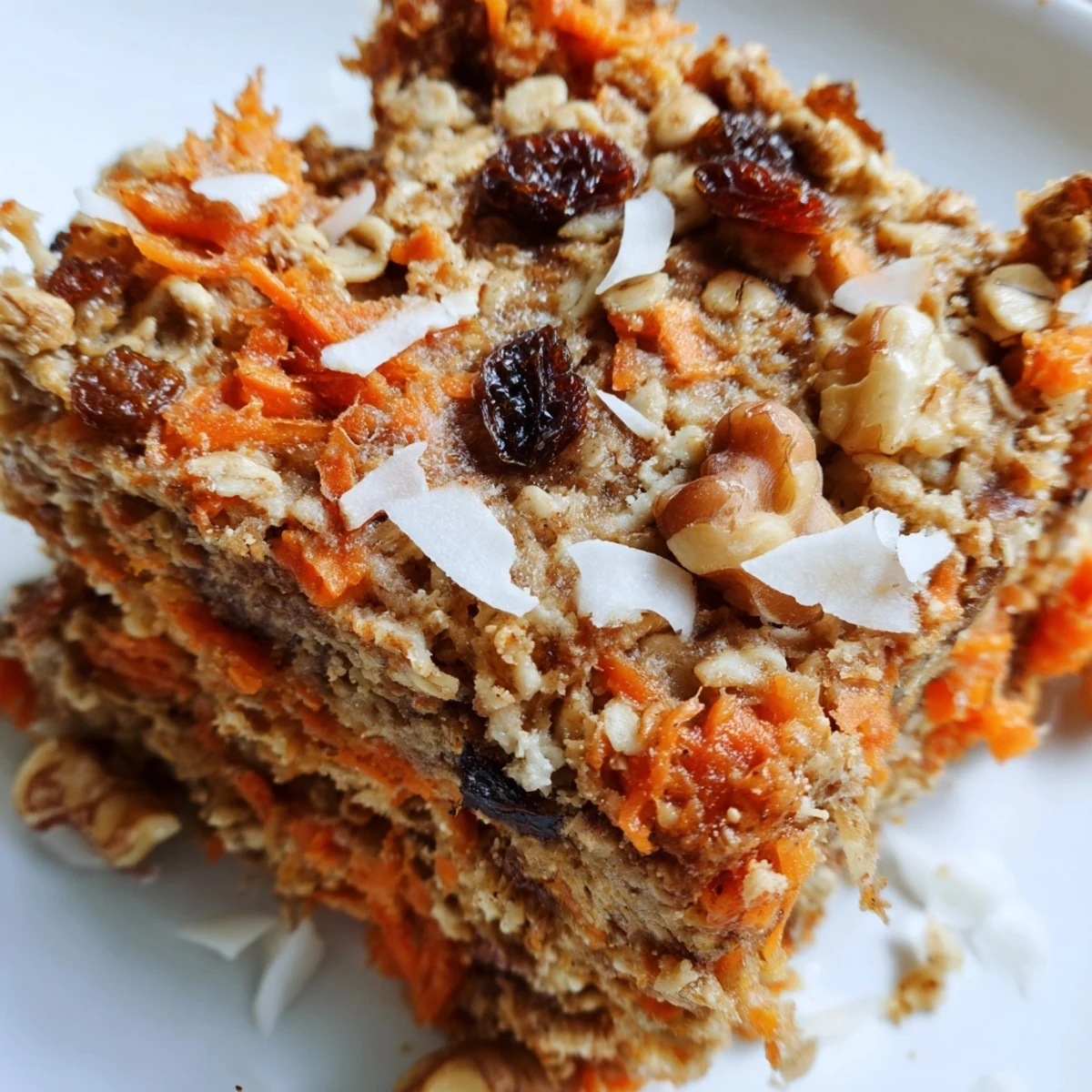 Warm slice of carrot cake baked oatmeal topped with grated carrots and a maple drizzle