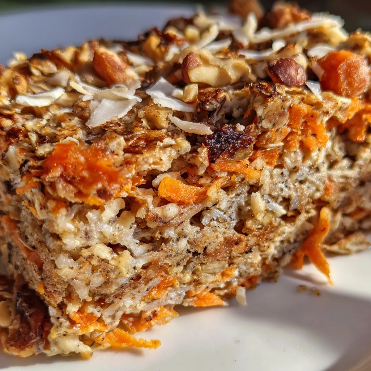Wholesome carrot cake baked oatmeal squares studded with pecans and coconut for breakfast
