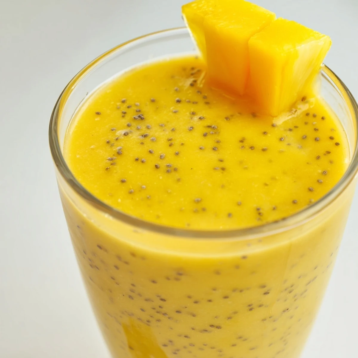 Refreshing Tropical Pineapple Mango Smoothie Recipe in tall glass topped with tropical fruit slices