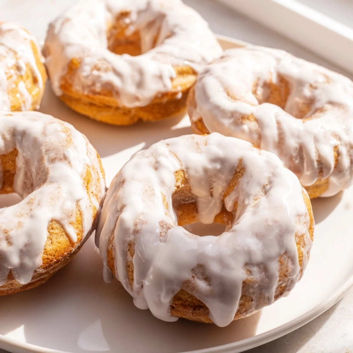 Golden banana bread donuts with sweet glaze drizzled over freshly baked rings