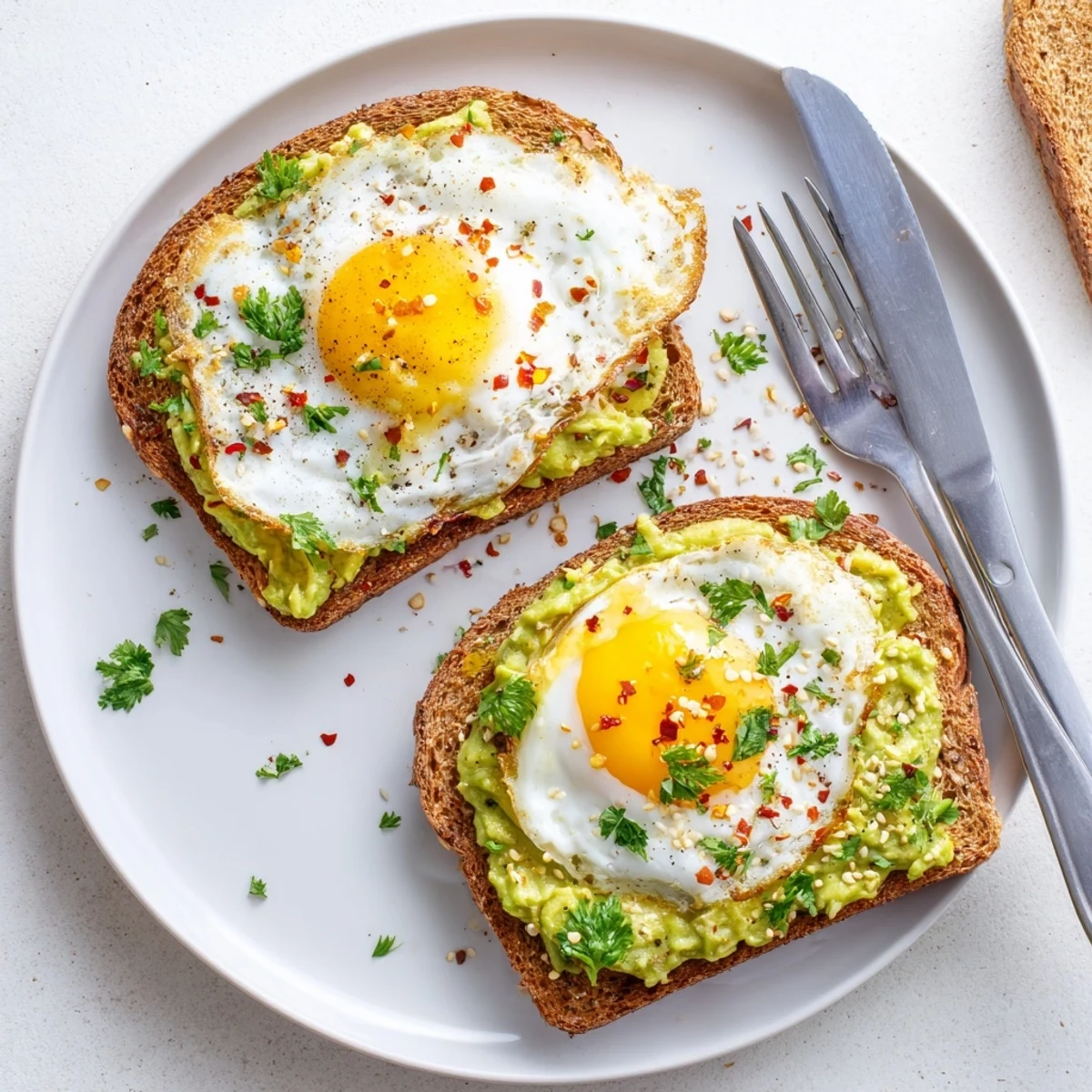 Golden toasted bread layered with creamy mashed avocado topped with a perfectly cooked egg for simple avocado toast with egg