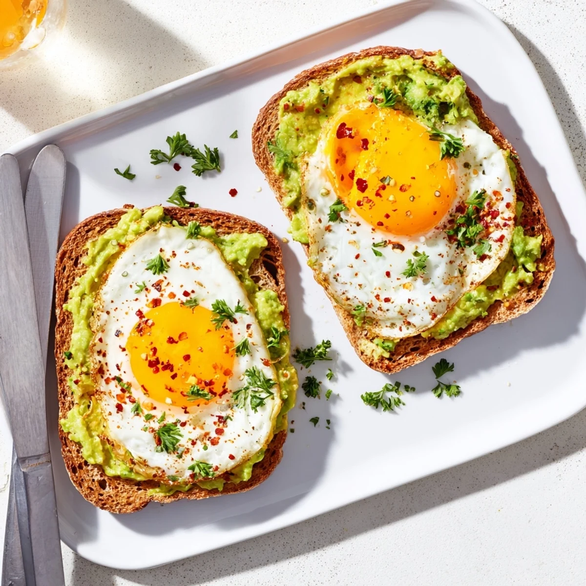 Breakfast plate featuring whole grain toast piled high with smooth avocado and a fluffy egg in this simple avocado toast with egg