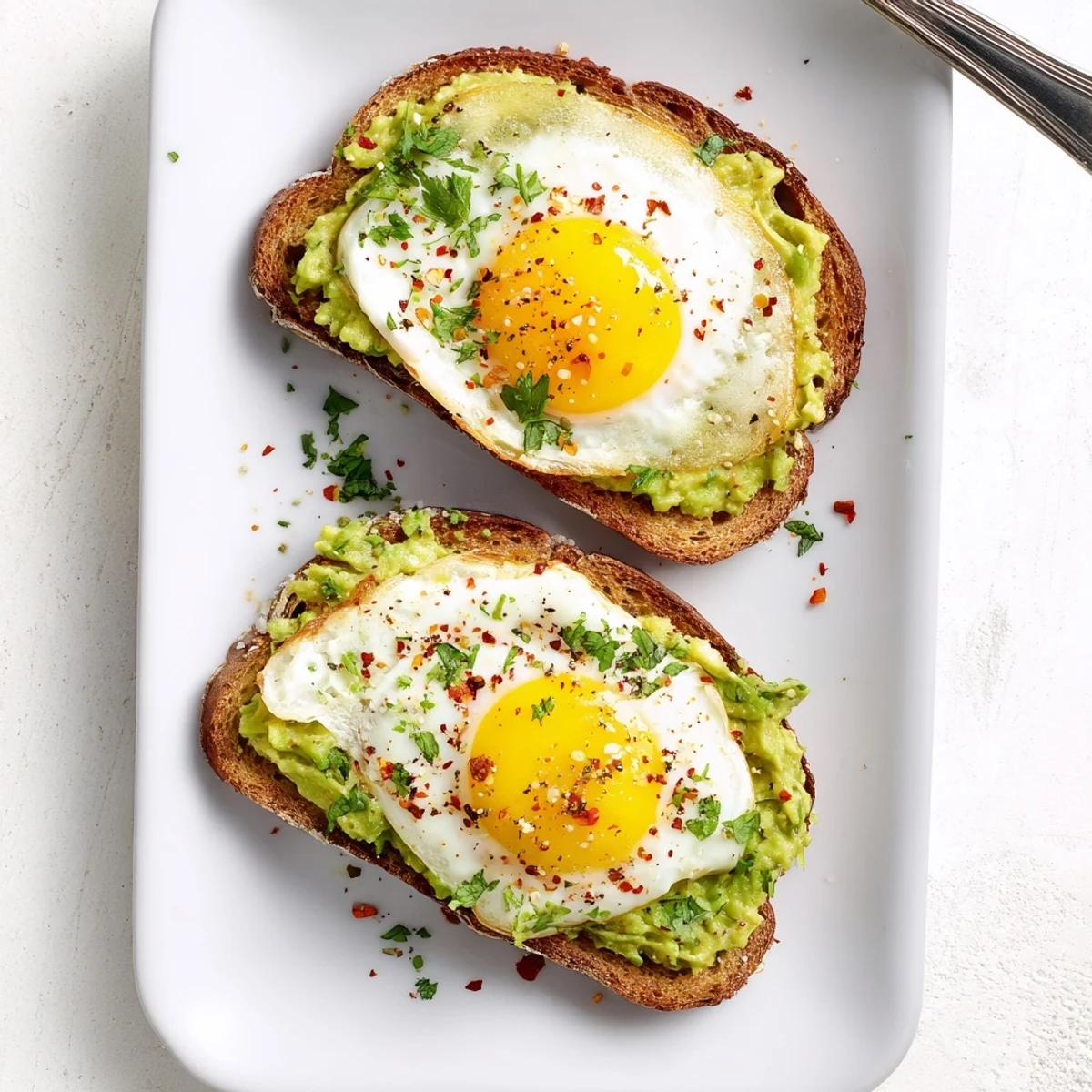 Crispy sourdough slice spread with ripe avocado and sunny-side up egg creating this nutritious simple avocado toast with egg recipe