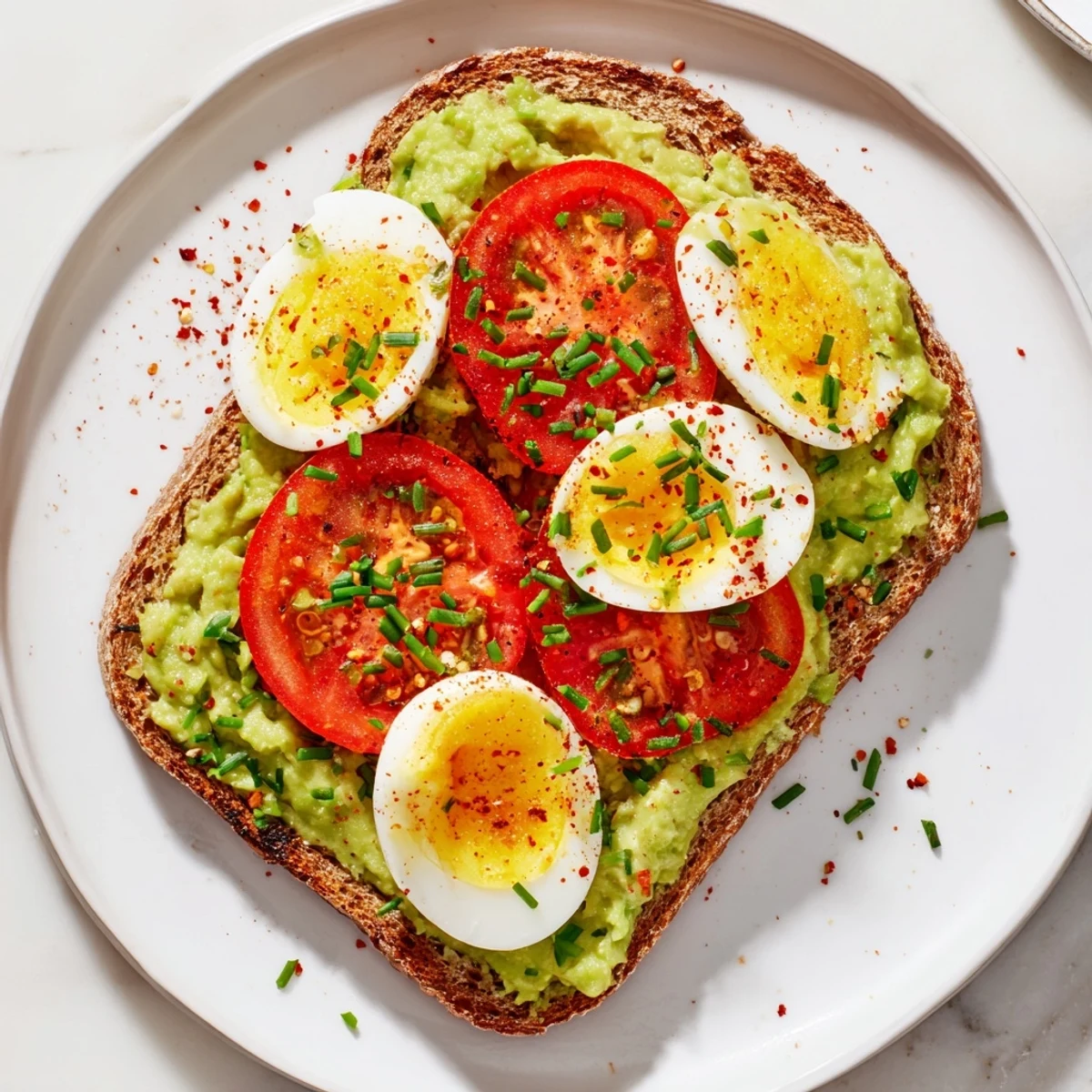 Crisp toasted bread layered with mashed creamy avocado, sliced tomatoes, and hard-boiled egg slices garnished with fresh herbs