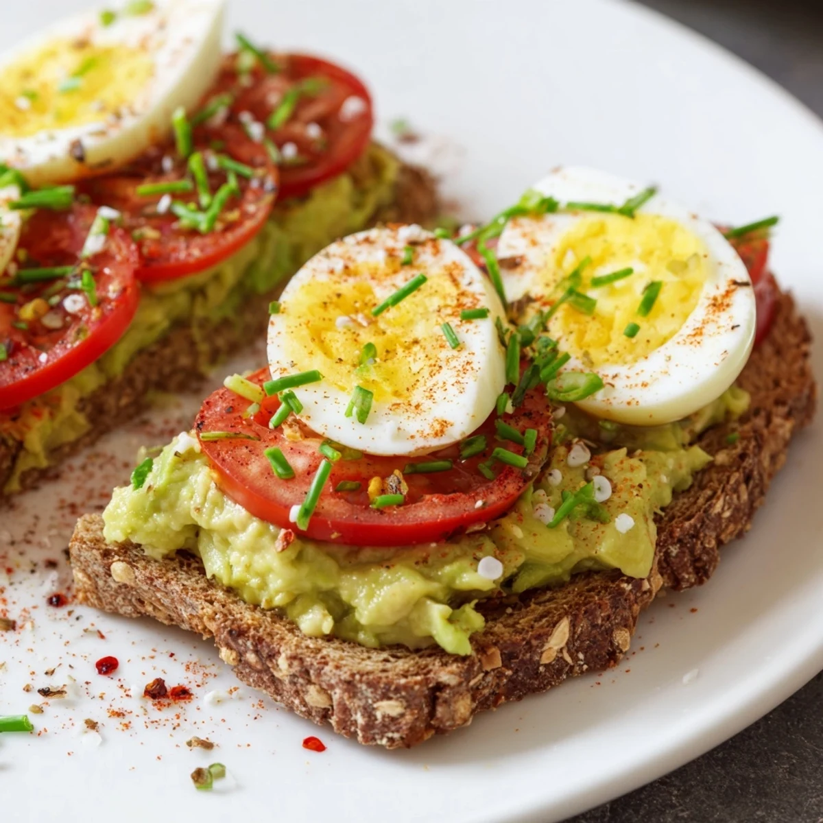 Protein-packed avocado toast with tomato and hard-boiled egg recipe showcasing sliced eggs and juicy tomato on crunchy whole grain bread
