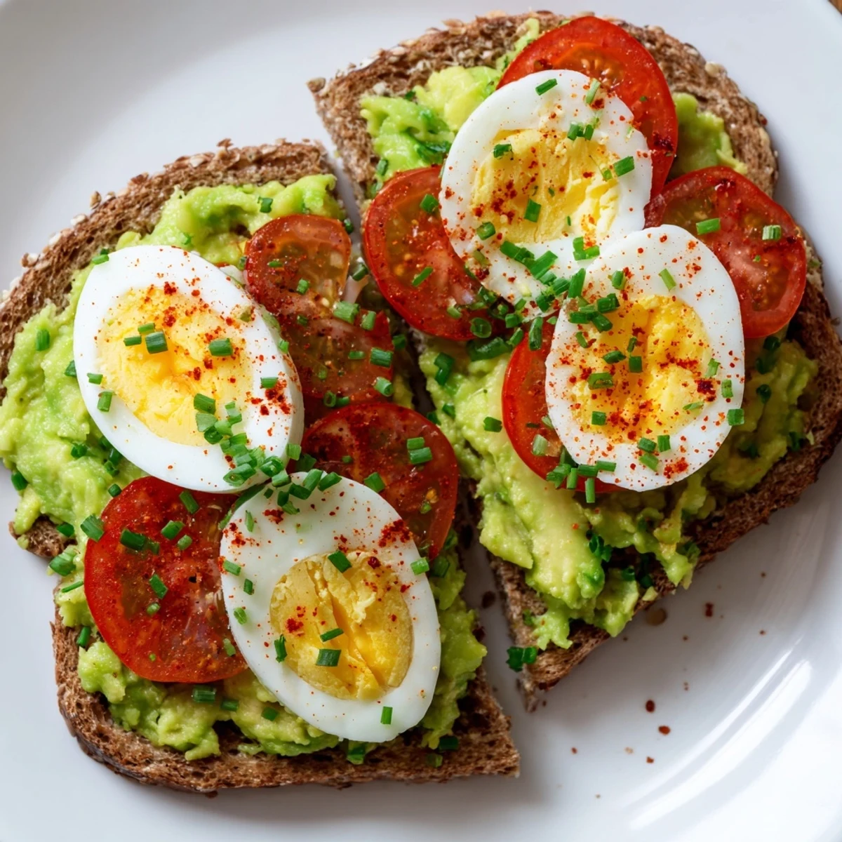 Golden avocado toast with tomato and hard-boiled egg recipe featuring ripe red tomato wedges atop seasoned green avocado spread