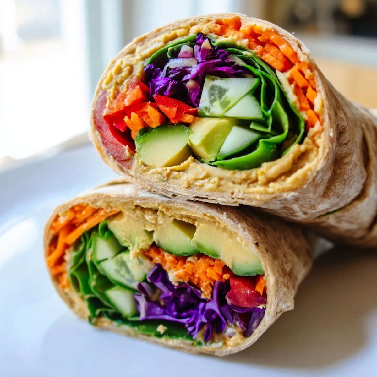 Veggie wrap with hummus recipe displaying sliced red bell pepper cucumber avocado and shredded carrots in a cross section