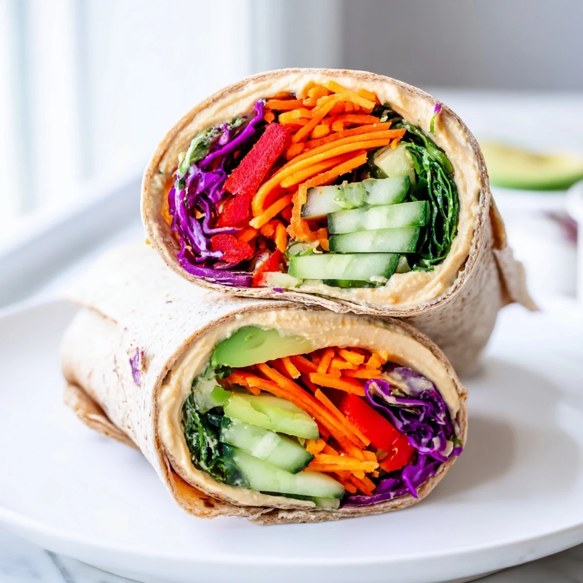 Fresh vegetable wrap with hummus featuring colorful layers of spinach carrots and sliced vegetables rolled in whole wheat tortilla