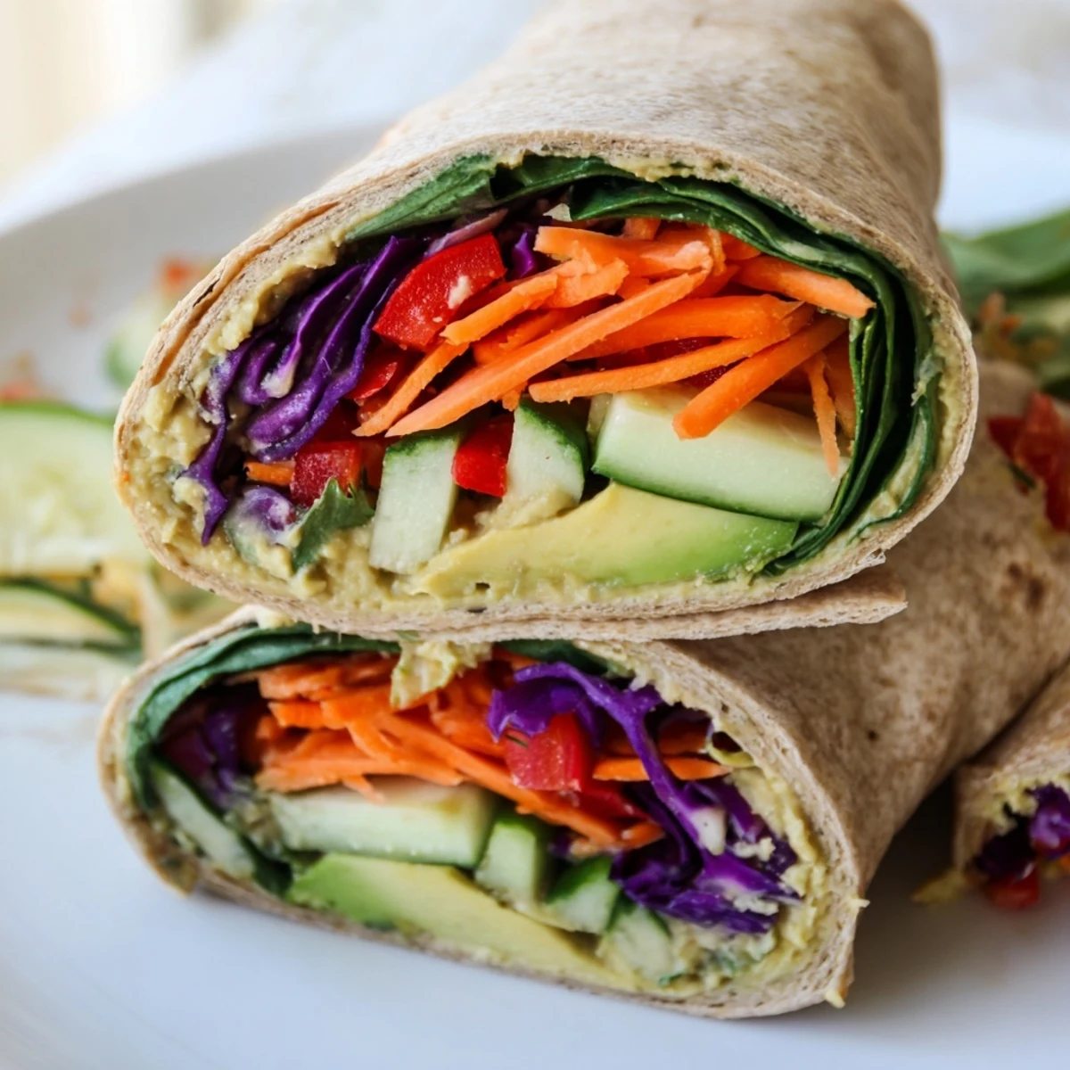 Mediterranean style veggie wrap with hummus packed with crisp vegetables and creamy spread ready for healthy lunch or quick snack