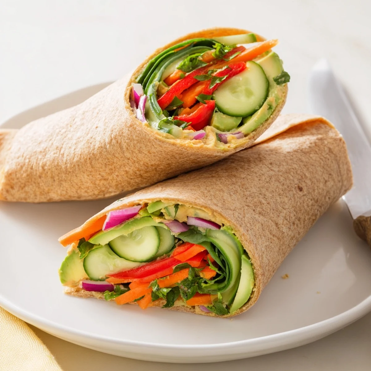 Golden whole wheat tortilla wrapped around creamy hummus and crisp colorful Mediterranean vegetables for a fresh satisfying lunch