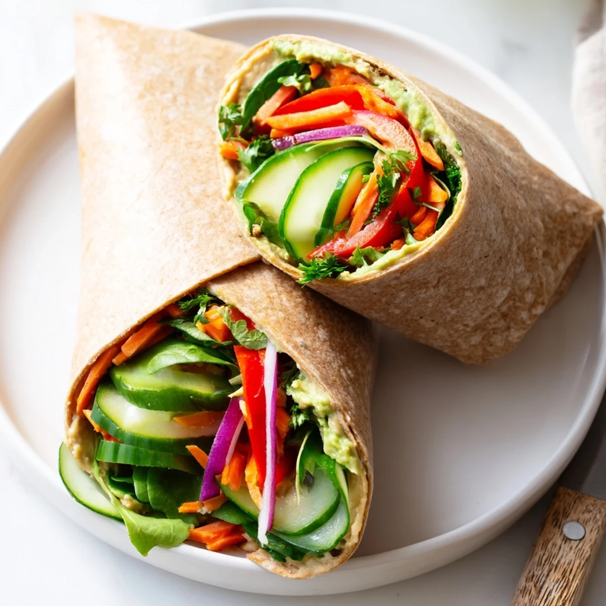 Cross-section of heavenly hummus wrap revealing layers of baby spinach cucumber bell pepper carrot and tender greens rolled perfectly